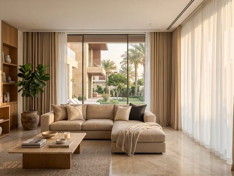 Modern sheer and blackout curtain layering in a Doha apartment