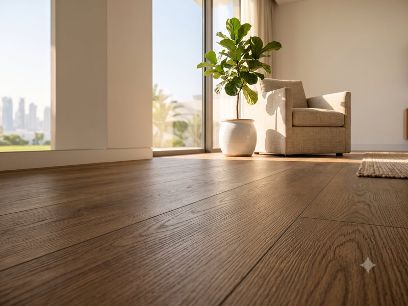Vinyl plank flooring being installed in a Lusail apartment