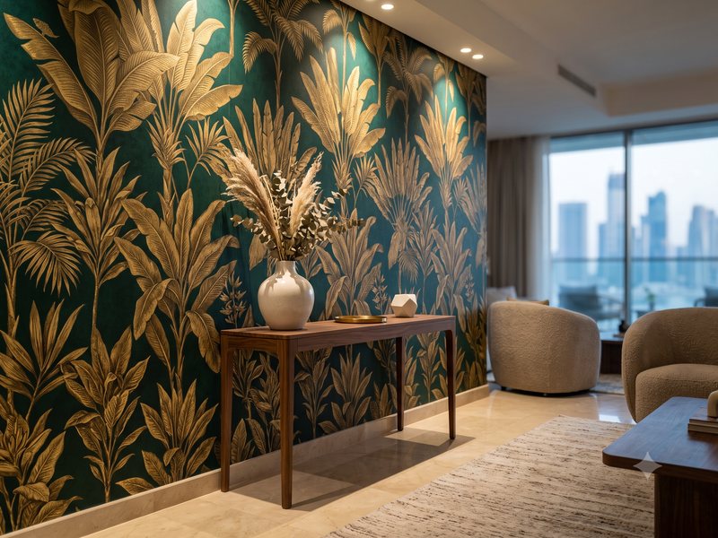 Textured wallpaper feature wall in a Doha villa